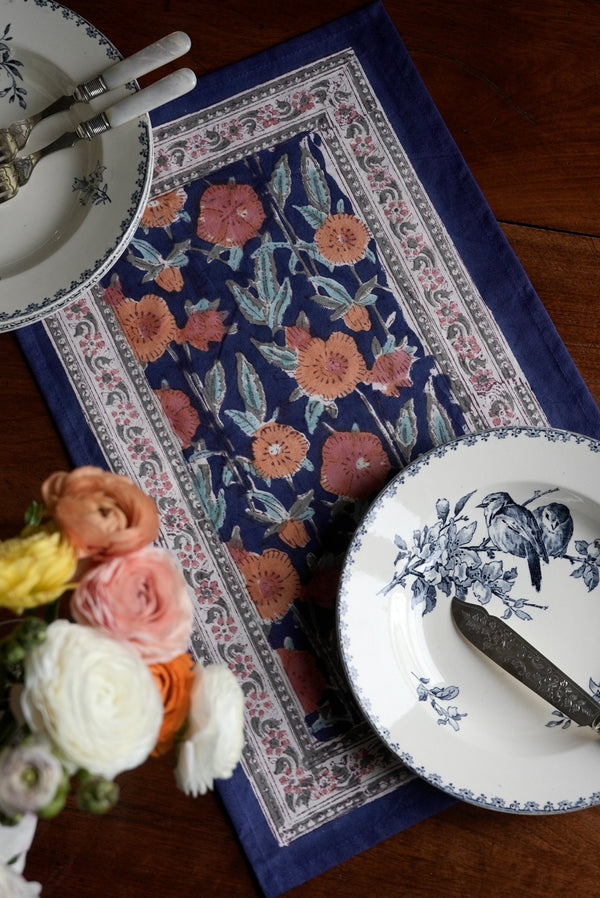Set de Table Bleu Nuit en Coton Imprimé à la Main avec Motifs Floraux  | pur coton| Block print | 32 x 49 cm|bohème chic