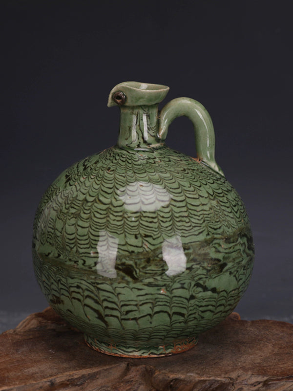 Théière artisanale de maître chinois en porcelaine avec décor vert, effet vieilli, inspirée de la dynastie Tang, pour collection